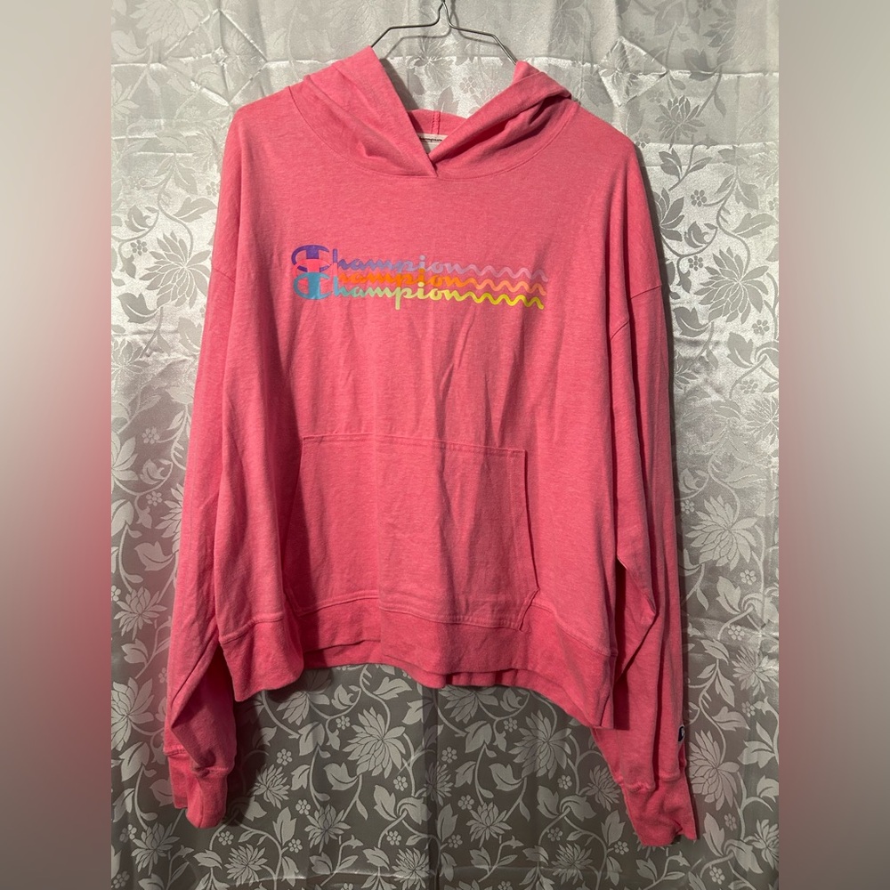 Champion Pink Hoodie Sweatshirt Women’s Large Logo Embroidered Pullover.